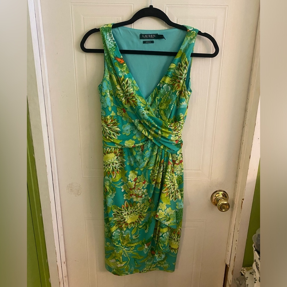 Lauren Ralph Lauren Teal Green Floral Midi Wrap Style Dress